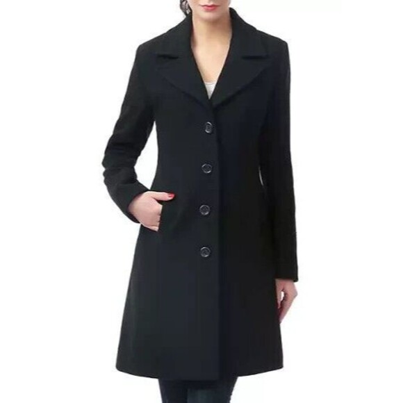 Kimi + Kai Joann Women's Black WOOL Blend Collared Long Button Up Coat Sz L - Picture 1 of 8